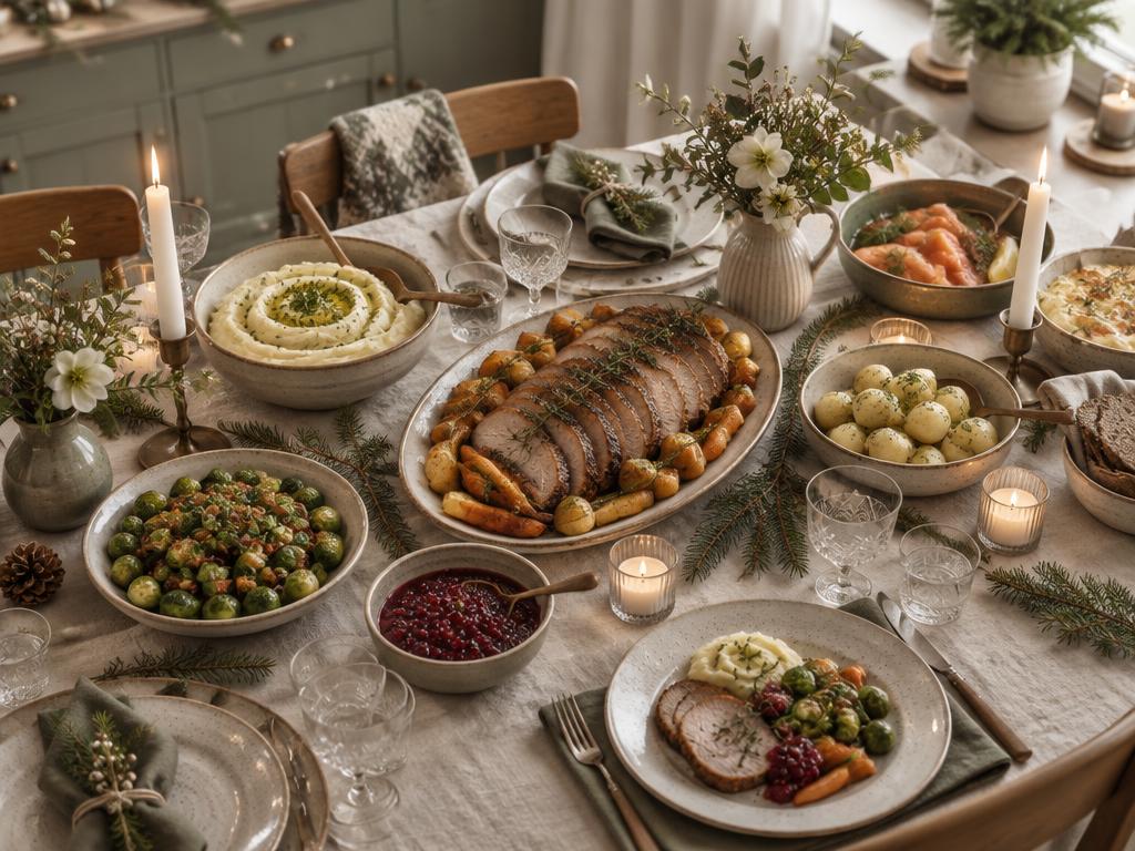 Dekka festbord med heimelaga retter og stakar